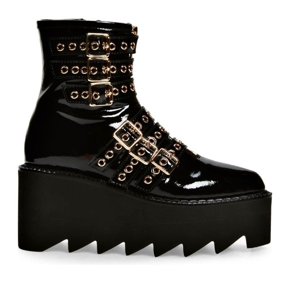 Jeffrey Campbell Gristle Black Patent Leather Buckle & Grommet Combat Boot - Picture 3 of 5